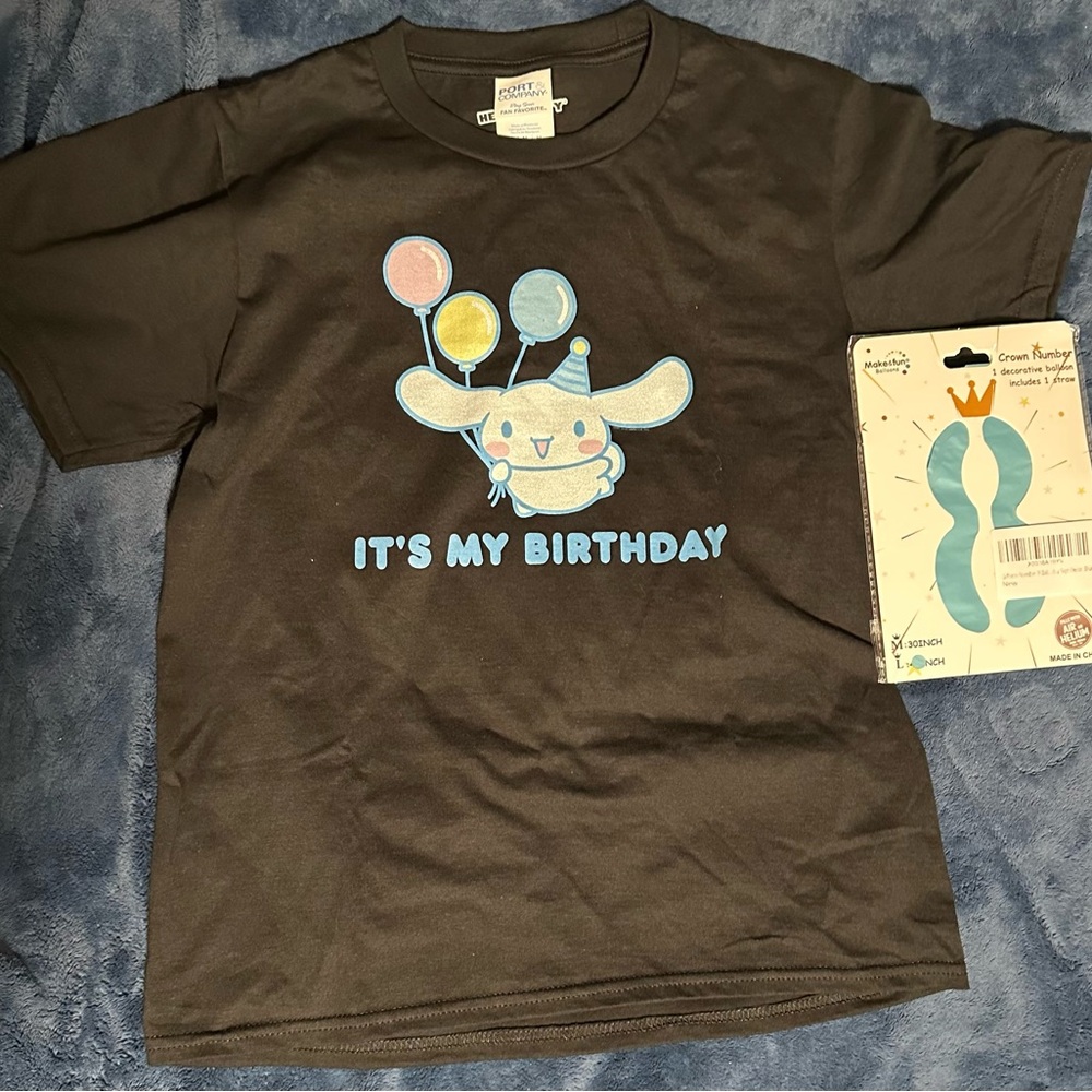 Sanrio Black Birthday Tee with Colorful Balloons